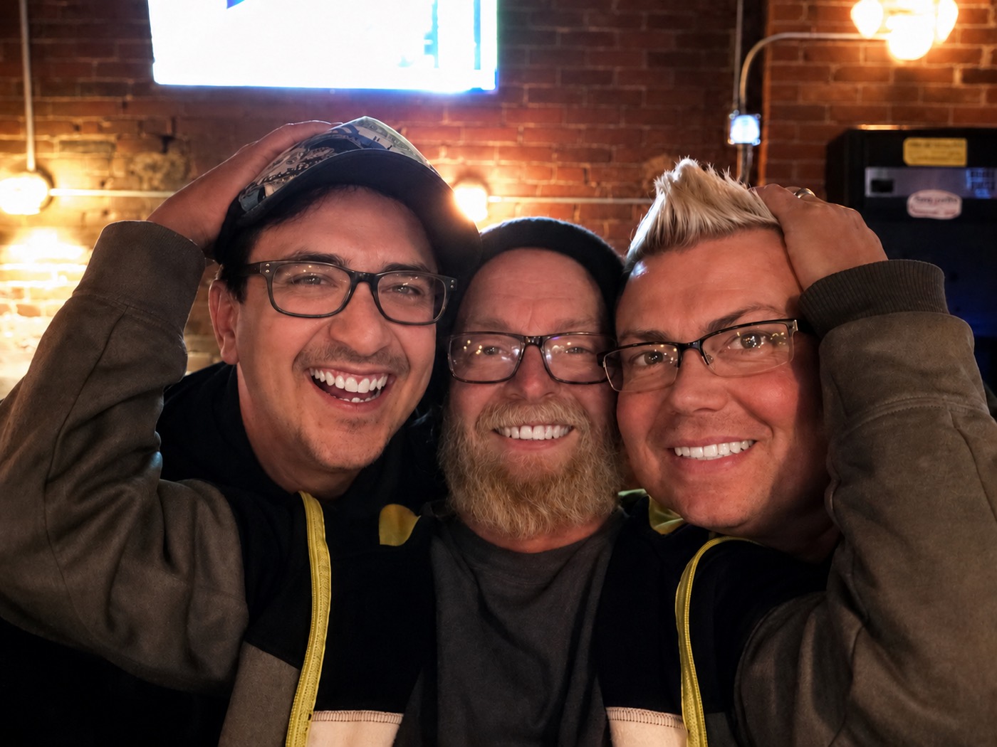 Chad with his dad and Joey, arms around each other, laughing.